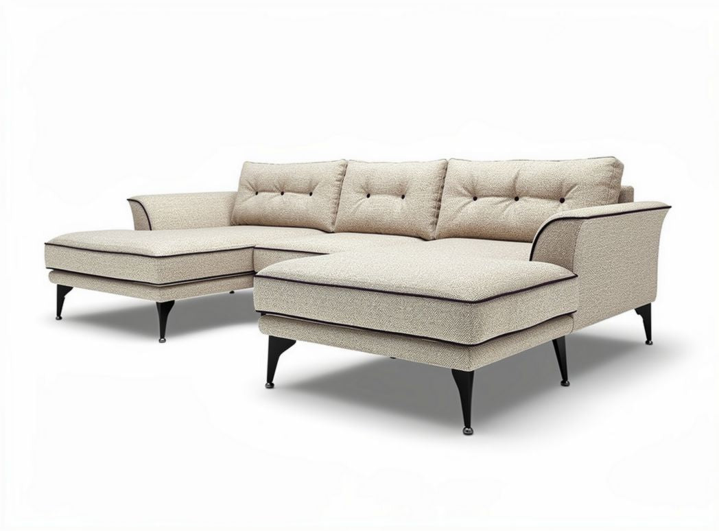 Beige fabric sectional sofa with tufted cushions and metal legs 240 x 150 x 85cm