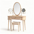 Wooden vanity set with oval mirror and dual side mirrors in natural finish 80 x 40 x 140cm