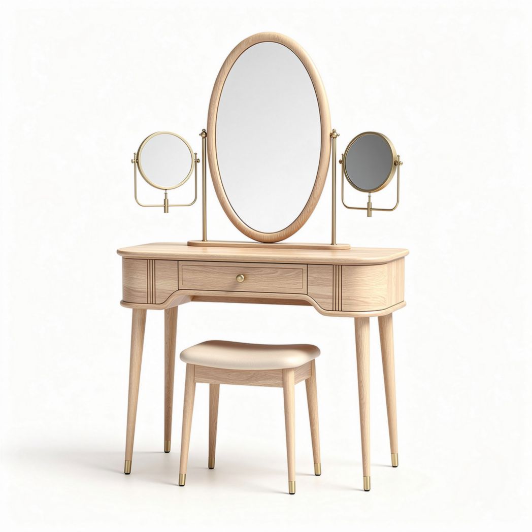 Wooden vanity set with oval mirror and dual side mirrors in natural finish 80 x 40 x 140cm