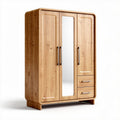 Wooden wardrobe with mirror and drawers in natural finish 180 x 90 x 50cm