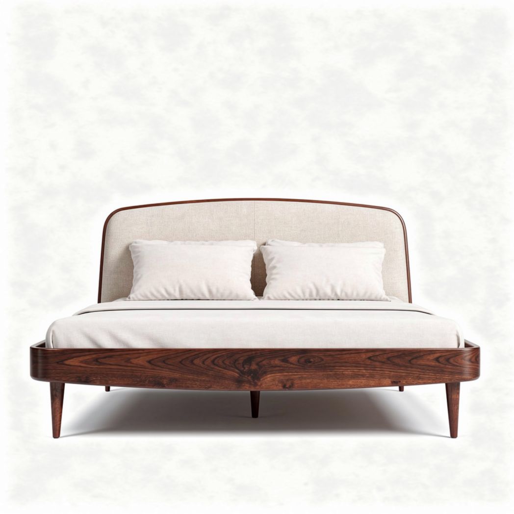 Mid-century modern wood platform bed frame with upholstered headboard 210 x 180 x 110cm