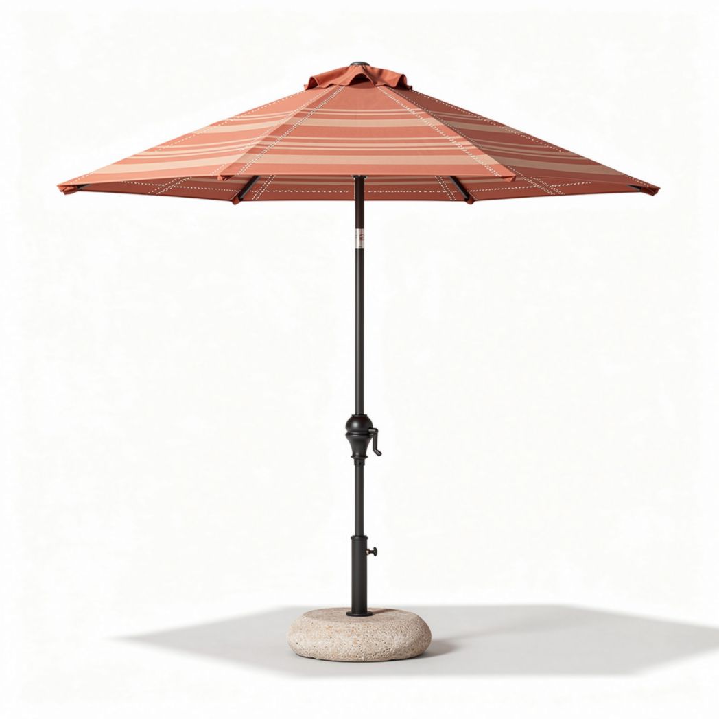 Outdoor patio umbrella with orange striped canopy and sturdy base 200 x 200 x 250cm