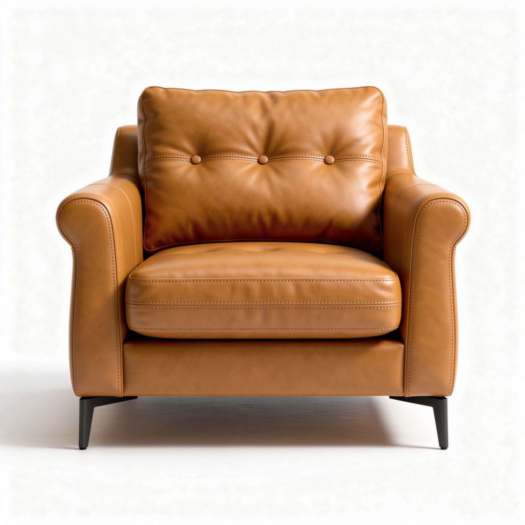 Tan leather armchair with tufted seating and black metal legs 80 x 85 x 85cm