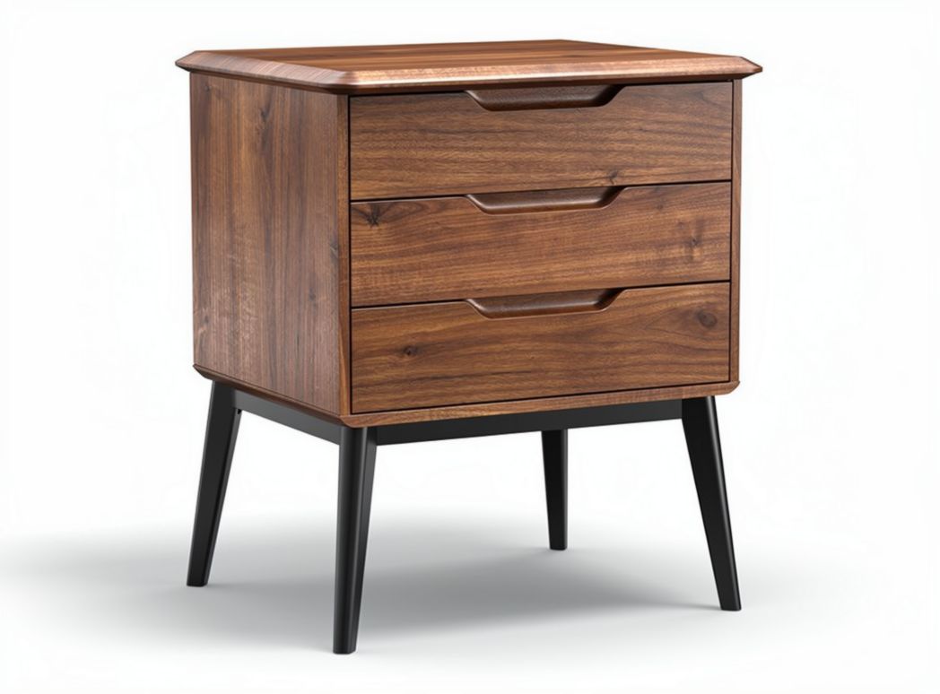 Wooden nightstand with three drawers and black metal legs 40 x 30 x 45cm