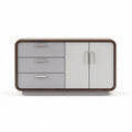 Modern storage cabinet with three drawers and two doors in grey and walnut finish 120 x 60 x 80cm