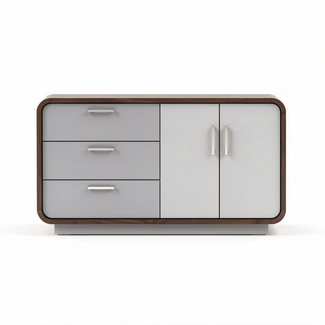 Modern storage cabinet with three drawers and two doors in grey and walnut finish 120 x 60 x 80cm